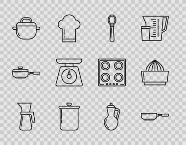 Bardak ölçme kabı kızartma kaşığı tencere pişirme, zeytinyağı şişesi ve meyve sıkacağı ikonu. Vektör.