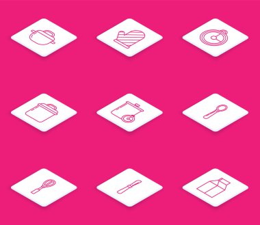 Hattı ayarla fırın eldiveni mutfak zamanlayıcısı ve kaşık çırpma ve bıçak ikonu. Vektör.