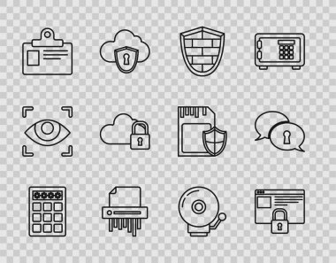 Satır Parola koruması ve güvenlik erişimini ayarlayın Kağıt parçalayıcı gizli kimlik kartı Bulut bilgisayar kilidi alarm zilini çalmak ve kişisel veri simgesini korumak. Vektör.