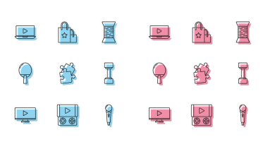 Online Online video portatif oyun konsolu Yapbozun Mikrofon Parçası Tenis oynamak için Dumbbell Raket ve Kağıt Alışveriş Torbası ikonu. Vektör.