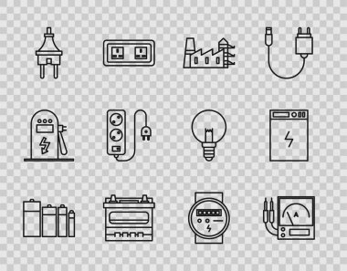 Hat Battery Ampere metre multimetre voltmetre elektrik santrali ve fabrika otomobil aküsü uzatma kablosu ve banka ikonu ayarlayın. Vektör.