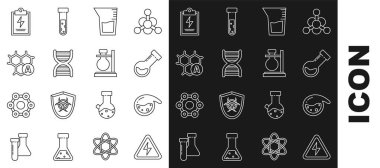 Hat yüksek gerilim işaretli test tüpü ve matara kimya laboratuvarı cam örtüsü veya deney tüpü DNA sembolü listeli ve ayakta duran simgeli kimyasal formül panosunu ayarlayın. Vektör.