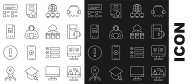 Çevrimiçi eğitim kitabı monitörü Ses Bilgisayarı Mobil Telefon Sınavı Anketi ve Bulut çevrimiçi kütüphane simgesi ayarla. Vektör.