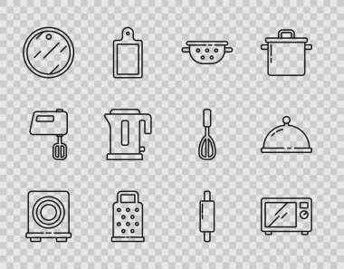 Elektrik ocağı fırını mikrodalga fırın kevgir ızgarası ızgara ısıtıcısı rulo keten pimi ve tepsi dolusu yemek ikonu ile kaplı. Vektör.