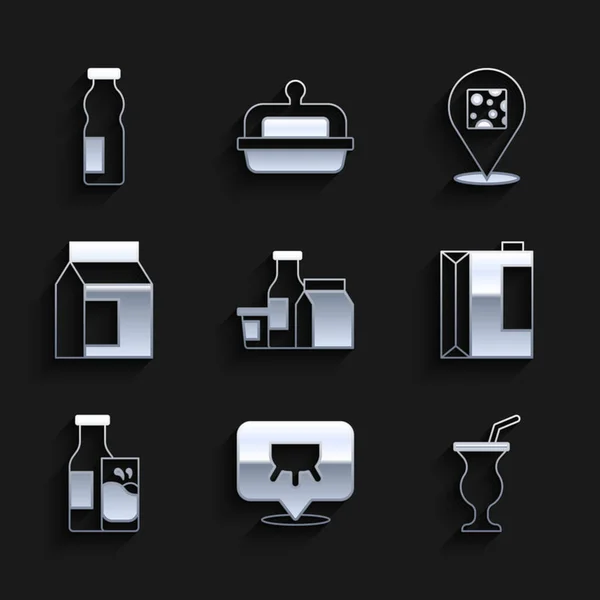 Set Milk Product Udder Milkshake Paquet Papier Pour Kéfir Bouteille — Image vectorielle