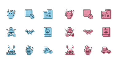 Robotik robot kolu fabrika Kırık Otonom akıllı araba Drone kullanıcı manuel Mars gezgini ve bilgisayar api arayüzü simgesine ayarla. Vektör.