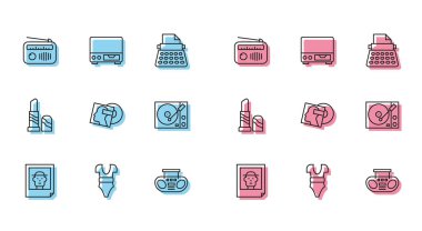 Foto Mayo Radyo 'yu anten ev teybi iki hoparlör Vinil disk çalar ruj ve Eski video kaset ikonu ile ayarla. Vektör.