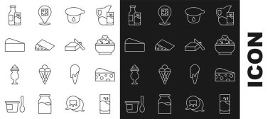 Peynirli peynirli yoğurt kabı, şişe, bardak ve tereyağı tabağı ikonuyla aynı hizaya getir. Vektör.