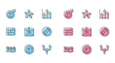 Satır Konumu Pasta grafiği bilgisel Finansal Büyüme Oku Kavşağı noktasını kum ve birçok yönlü ok simgesiyle ayarla. Vektör.