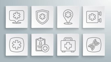 Acil Durum Hattı - Yaşam Sigortası Hastası Kayıt İlk Yardım çantasının DNA sembolü Hastane ve ikonu. Vektör.