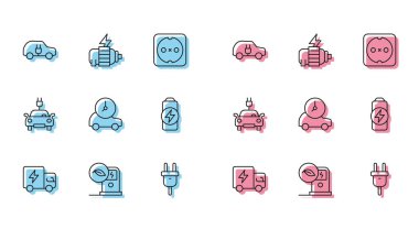 Hat elektrikli kamyon şarj istasyonu şarj prizi şarjı ve motor ikonu ayarlayın. Vektör.