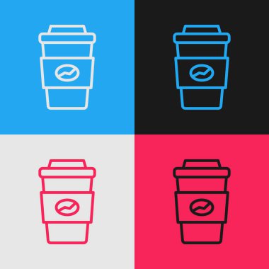 Pop Art Line Kahve fincanı renkli arka planda izole edilmiş bir ikon haline gelecek. Vektör.