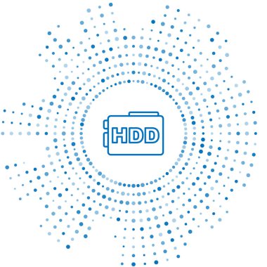 Mavi çizgi sabit disk sürücüsü HDD simgesi beyaz arkaplanda izole edildi. Soyut çember rastgele noktalar. Vektör.