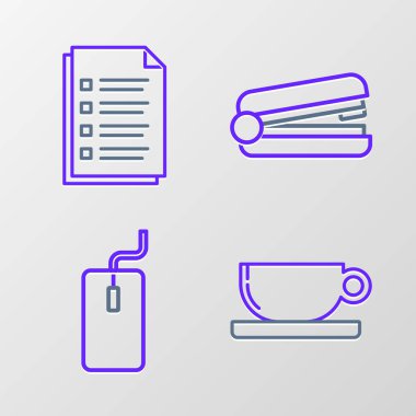 Kahve fincanı düz bilgisayar fare ofis zımbası ve dosya belge simgesini ayarla. Vektör.