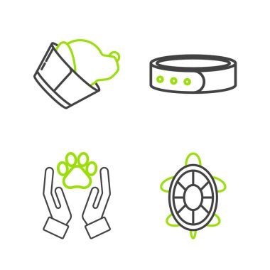 Hayvanların ayak izi yaka etiketli Turtle Hands ve veterinerlik kliniğinin sembol simgesi. Vektör.