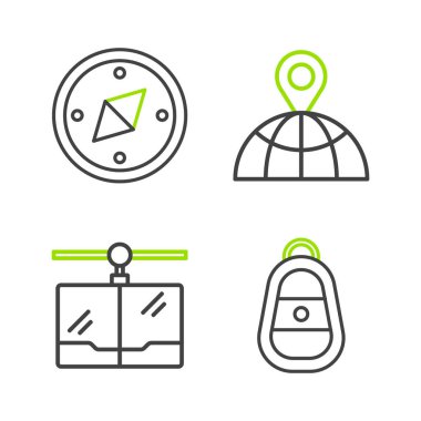 Hat Araba anahtarını, uzaktan kumandalı araba konumu ile dünya ve pusula simgesine ayarla. Vektör.