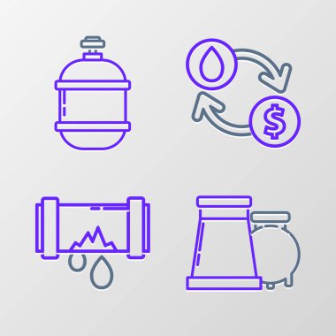 Petrol ve gaz endüstriyel boru döşeme hattı. Kırık metal boru, su borusu sızıntısı, dönüştürücü ve propan tankı ikonu. Vektör.