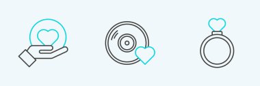Evlilik yüzükleri, kalp ve romantik müzik ikonu. Vektör.