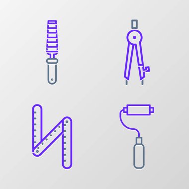 Çizgi boyası fırçasını, katlanabilir cetvel, pusula ve keski aracını tahta simgesi için ayarla. Vektör.