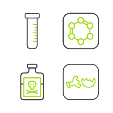 Şişe içinde kırık şişe zehri benzen halkaları, test tüpü ve ikon formülü. Vektör.