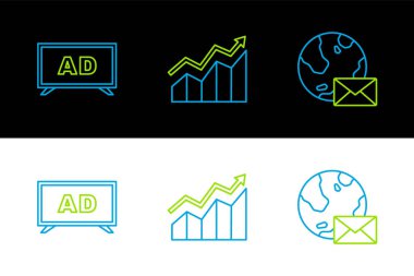 Posta Reklamcılığı ve Finansal Büyüme ikonu ile Dünya çizgisini ayarlayın. Vektör.
