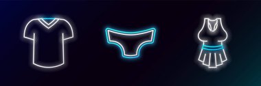Undershirt 'ü ve erkek iç çamaşırı ikonunu ayarla. Parlayan neon. Vektör.