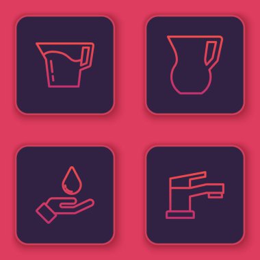 Sürahi bardağını suyla, el yıkama sabunuyla ve musluk suyuyla ayarla. Mavi kare düğme. Vektör.