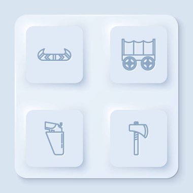 Kano, kano ve kürek, Vahşi Batı 'nın koruduğu araba kılıfında Revolver silahı ve Tomahawk baltası. Beyaz kare düğme. Vektör.