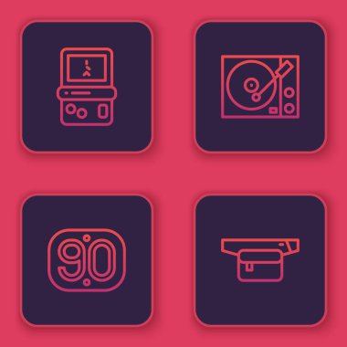 Tetris hattı, 90 'ların Retro' su, vinil çalar ve bir torba muz. Mavi kare düğme. Vektör.