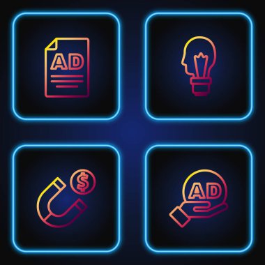 Satır Reklamcılığı, Paralı Mıknatıs ve Ampul Fikir Konsepti. Renk simgeleri. Vektör.