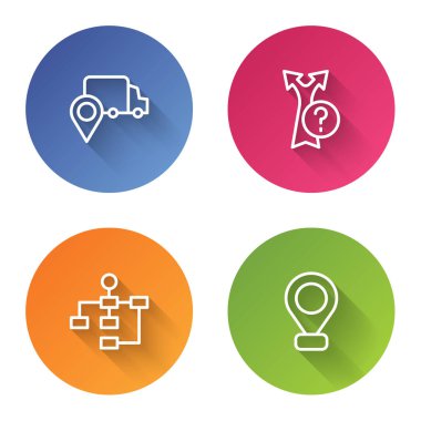 Satır Teslimat İzleme, Ok, Hiyerarşi organizasyon şeması ve konumu ayarla. Renkli daire düğmesi. Vektör.