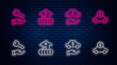 House 'u bir dolarlık araba kiralama anahtarıyla ayarla. Tuğla duvarda parlayan neon simgesi. Vektör.