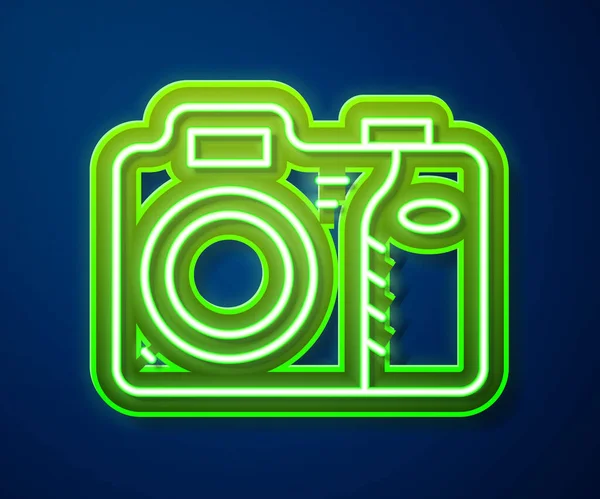 Gloeiende Neon Lijn Fotocamera Icoon Geïsoleerd Blauwe Achtergrond Foto Camera — Stockvector