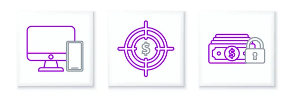 Nastavit Řádek Peníze Zámkem Počítačový Monitor Mobilní Telefon Symbol Target — Stockový vektor
