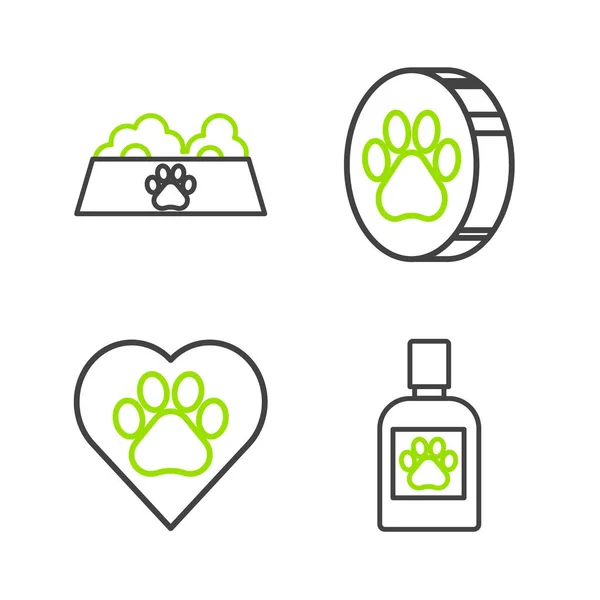 为猫或狗图标设置系列狗药瓶带动物脚印的心爪子和宠物食品碗 — 图库矢量图片