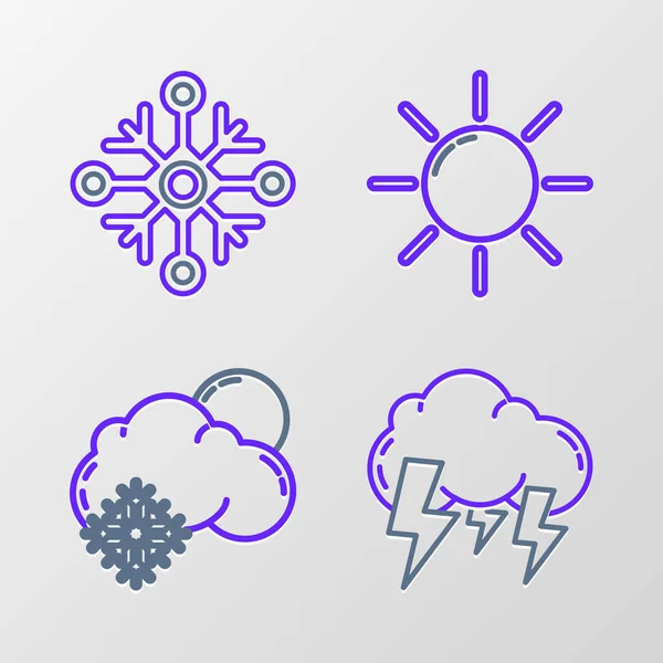 Nastavit Čáru Storm Cloud Sněhem Sluncem Ikona Slunce Vločka Vektor — Stockový vektor