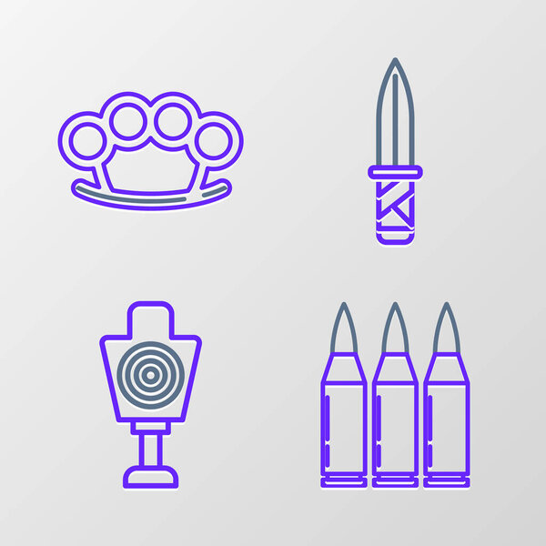 Set line Bullet Human target sport for shooting Military knife and Brass knuckles icon. Vector.