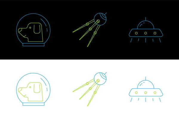设定一系列不明飞行物飞行宇宙飞船狗航天员头盔和卫星图标 — 图库矢量图片