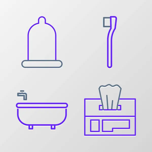 Set Line Wet Wipe Pack Bathtub Toothbrush Condom Icon Vector — Stock Vector