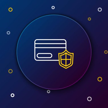 Mavi arka planda kalkan simgesi olan çizgi kredi kartı. Çevrimiçi ödeme. Nakit çekilmesi. Finansal operasyonlar. Alışveriş tabelası. Renkli taslak konsepti. Vektör