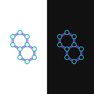 Molekül simgesi beyaz ve siyah arkaplanda izole edildi. Kimya moleküllerinin yapısı, fen öğretmenlerinin yenilikçi eğitim posteri. Renkli taslak konsepti. Vektör