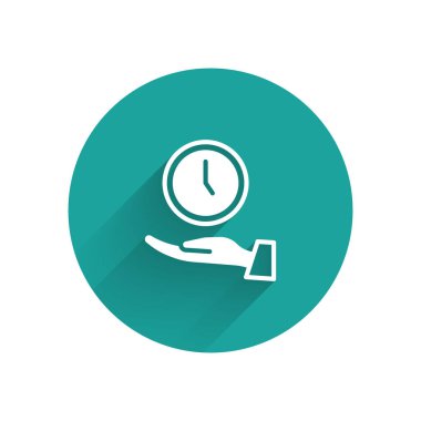 Beyaz Saat simgesi uzun gölgeli. Zaman sembolü. Yeşil daire düğmesi. Vektör.