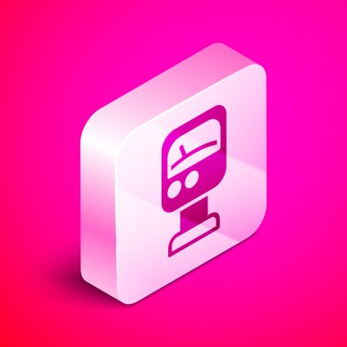 Pembe arka planda izole edilmiş Isome basınçlı su ölçer simgesi. Gümüş kare düğme. Vektör.