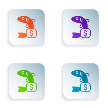 Beyaz arkaplanda izole edilmiş balık simgesi için renk fiyatı etiketi. Kare düğmelere renkli simgeleri yerleştir. Vektör