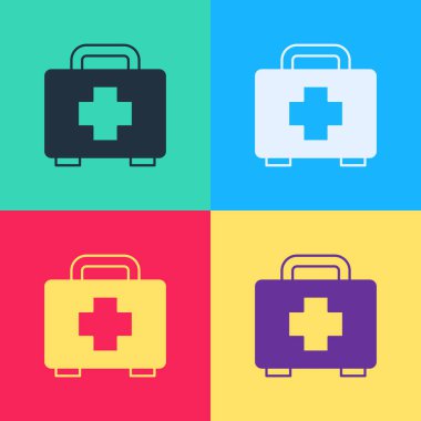 Pop art ilk yardım seti simgesi renk arkaplanında izole edildi. Haçlı sağlık kutusu. Acil durumlar için tıbbi ekipman. Sağlık sigortası konsepti. Vektör