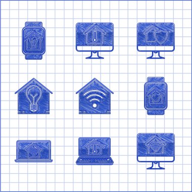 Smart 'ı wi-fi, laptop ev sıcaklığında, bilgisayar monitörü akıllı, koruma altında, ampul ve simge ile donatın. Vektör