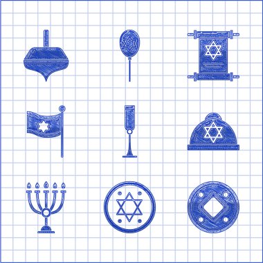 Yahudi kadehi, madeni para, kippah, David 'in yıldızı, Hanuka menorası, bayrak İsrail, Tevrat parşömeni ve dreidel ikonu. Vektör