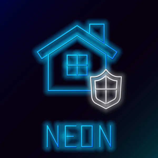 Glödande Neon Line Hus Med Sköld Ikon Isolerad Svart Bakgrund — Stock vektor