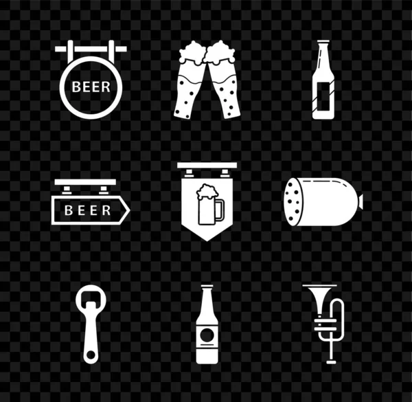 设置街道标牌 上面印有啤酒瓶玻璃杯 开瓶器 乐器喇叭和玻璃杯图标 — 图库矢量图片