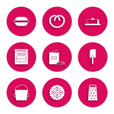 Unlu kraker kraker bisküvisi fırın hamuru fırın çilekli fırın peynirli kek dilimi ve makarna kurabiye ikonu. Vektör.